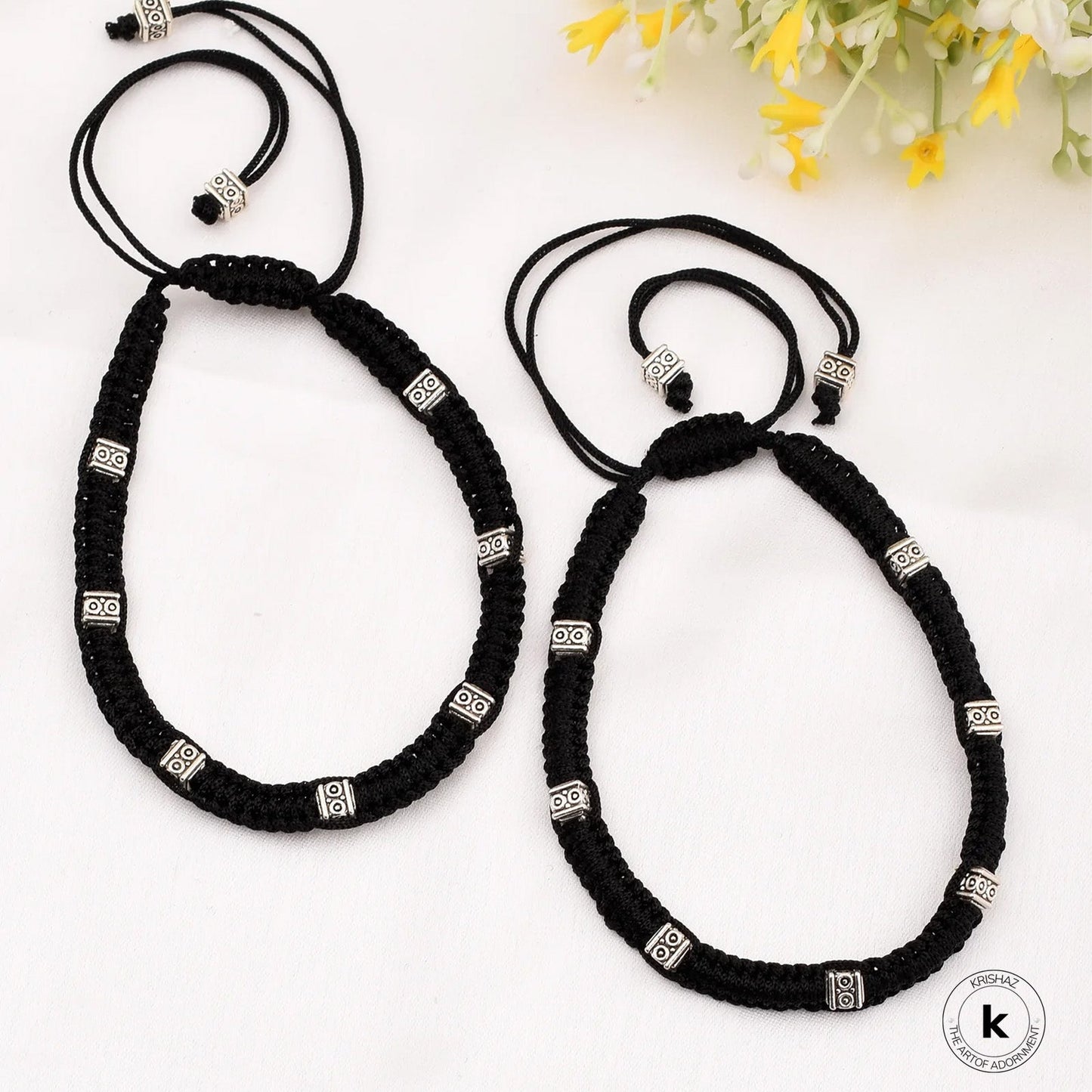 Swati Square Patterned Silver Oxidized Thread Anklets - wxo