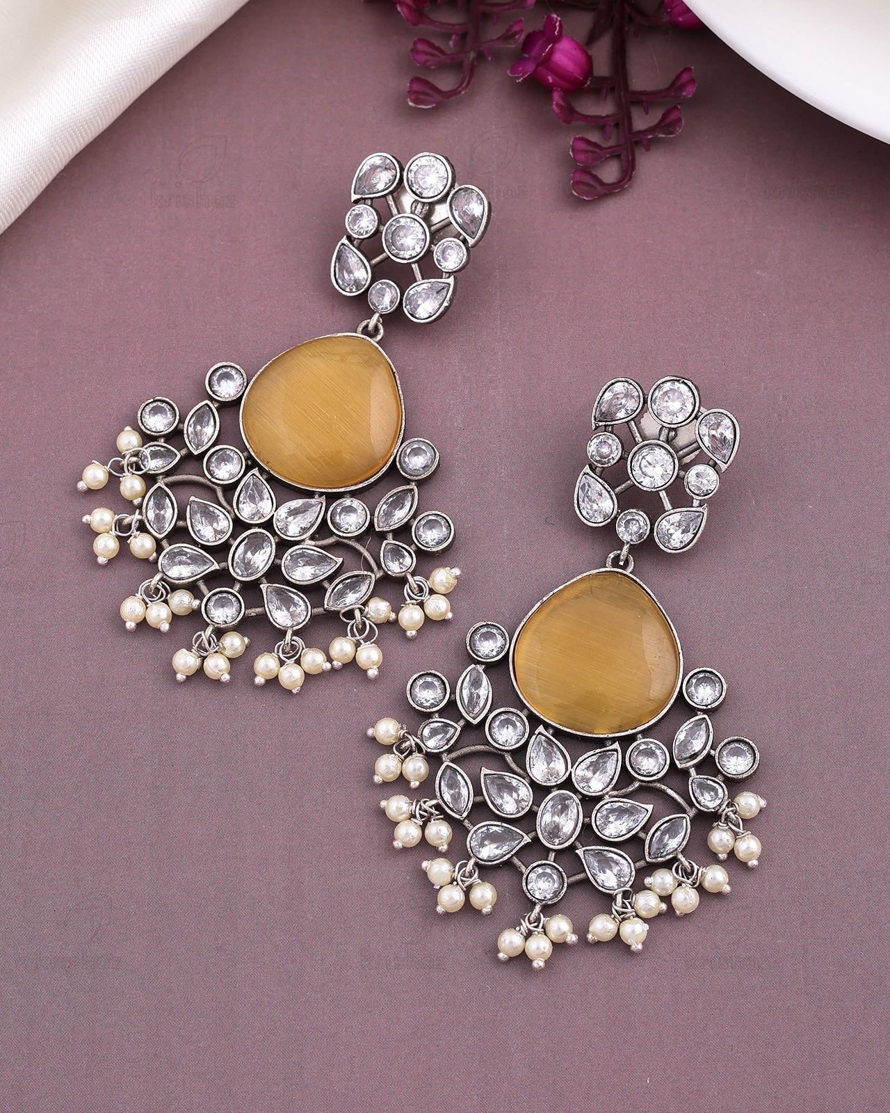 Raveena CZ Floral Dangler Earrings