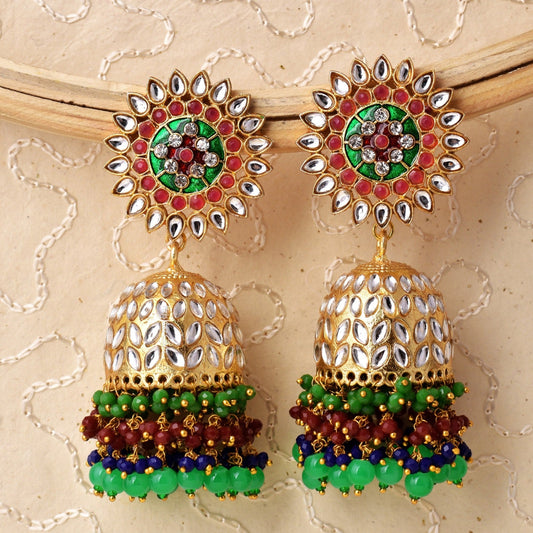 Sadhana Heavy Golden Colorful Jhumka Earrings