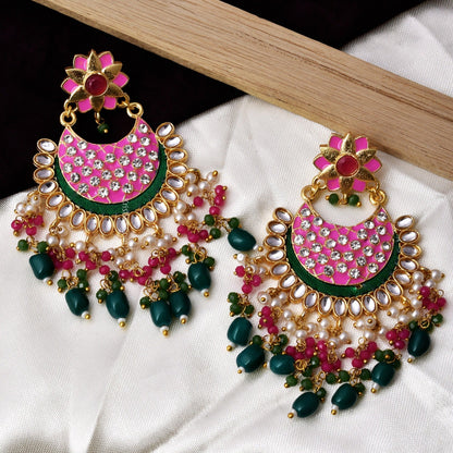 Laila Long Heavy Golden Colorful Chandbali Earrings