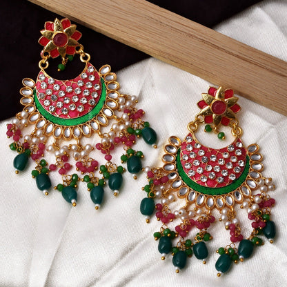 Laila Long Heavy Golden Colorful Chandbali Earrings